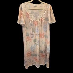 Vtg Lorraine Nightgown Medium Pastel Floral Robe Antron Nylon Lace Pullover